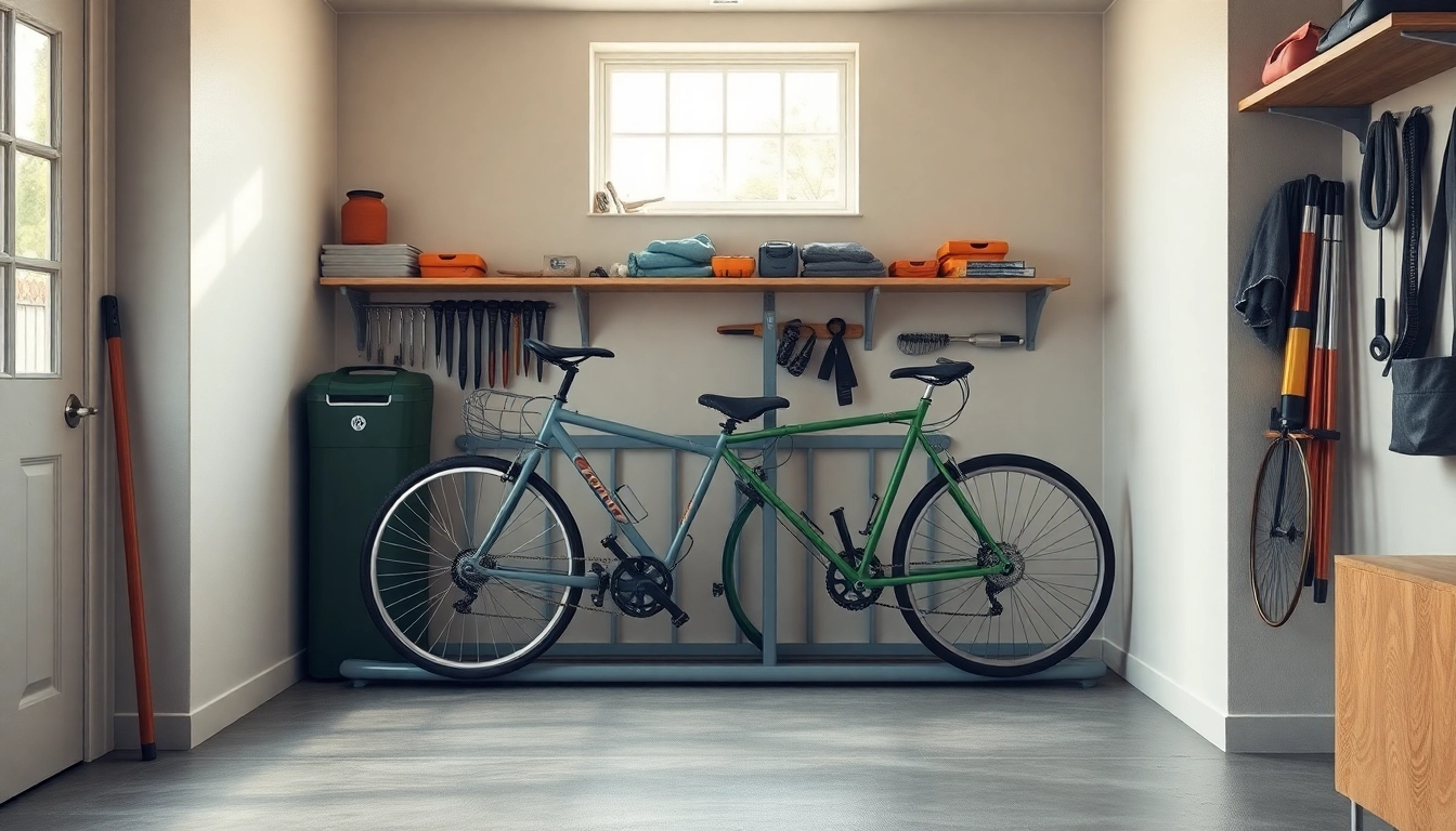 Optimize compact bike storage in a tidy garage with an organized bike rack and tools.