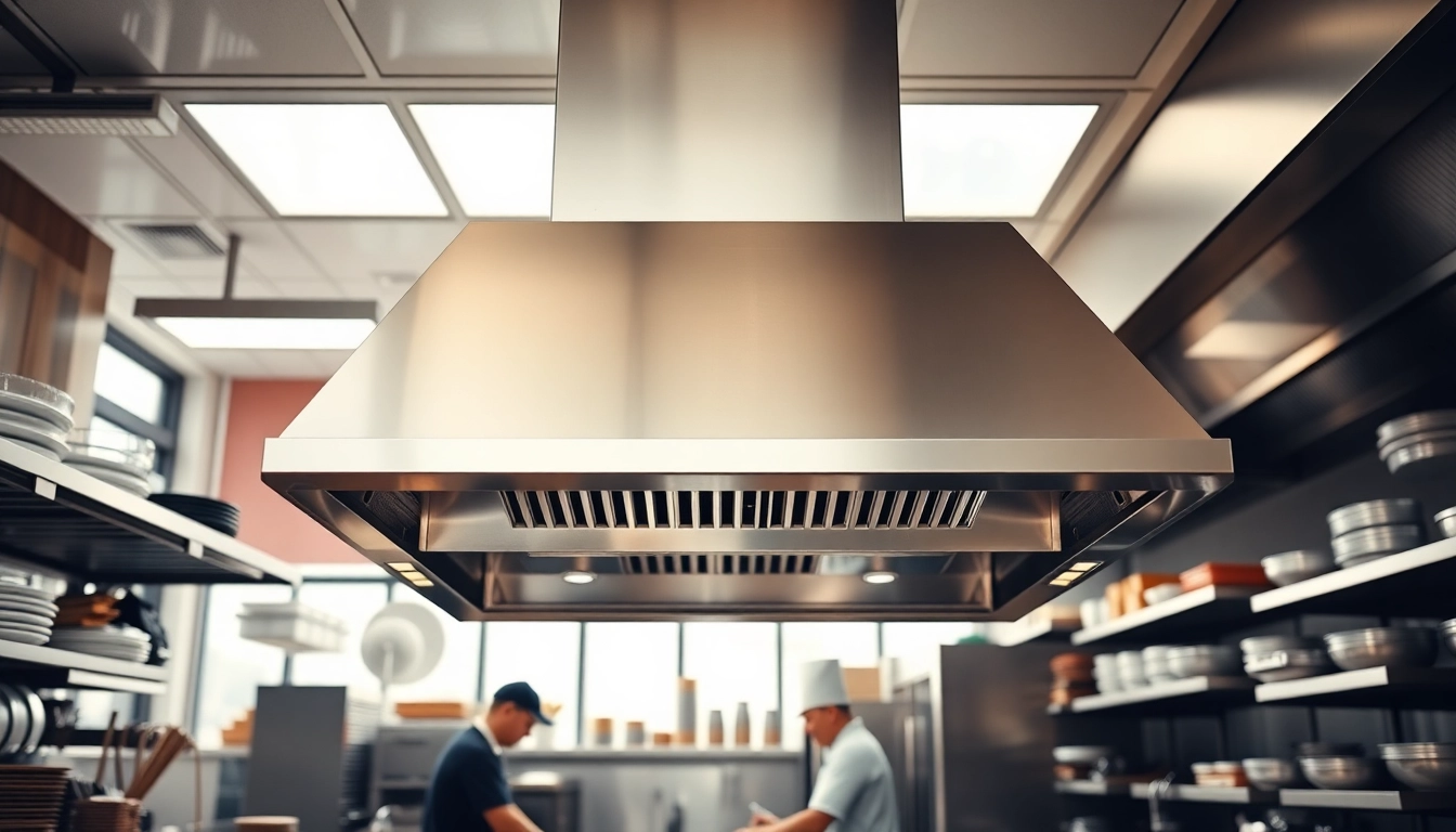 Engaging image of professional exhaust hood cleaning service in a busy kitchen, highlighting cleanliness.