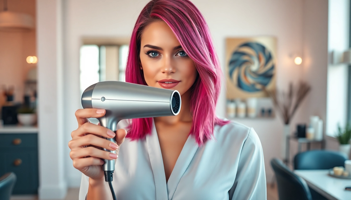 Styling with a lightweight hair dryer, showcasing sleek design and vibrant hair.