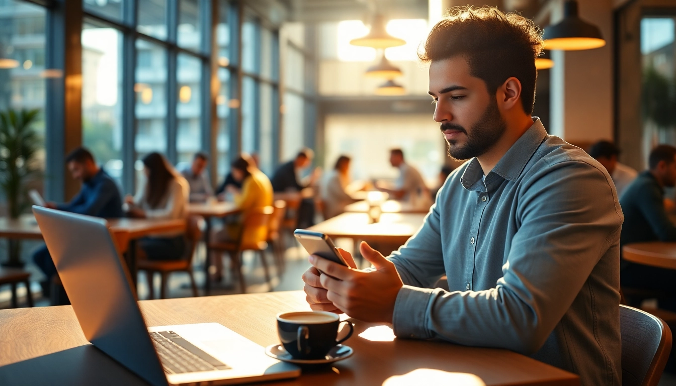 Nutzen Sie esim Deutschland für nahtlose Kommunikation in einem modernen Café.