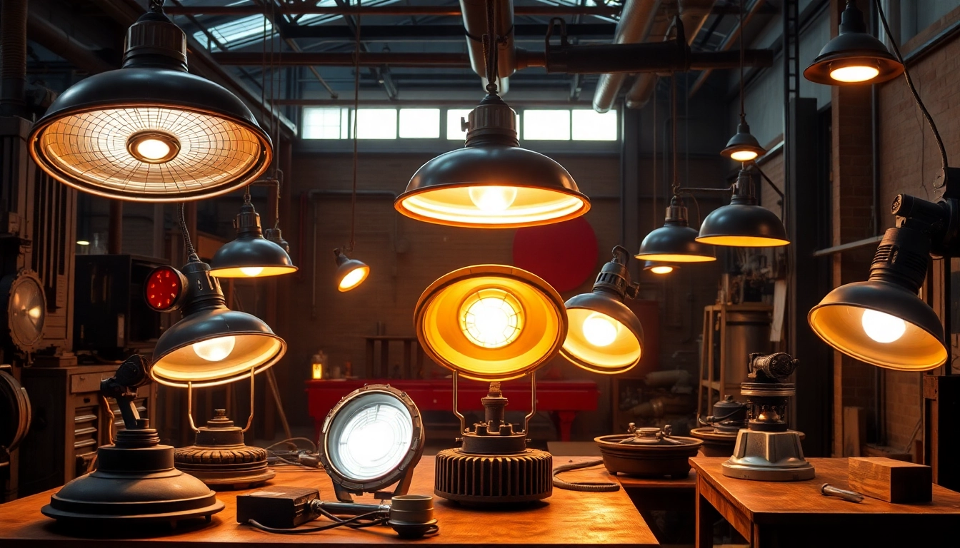 Industrial heat lamps illuminating an industrial workspace, showcasing efficiency in action.