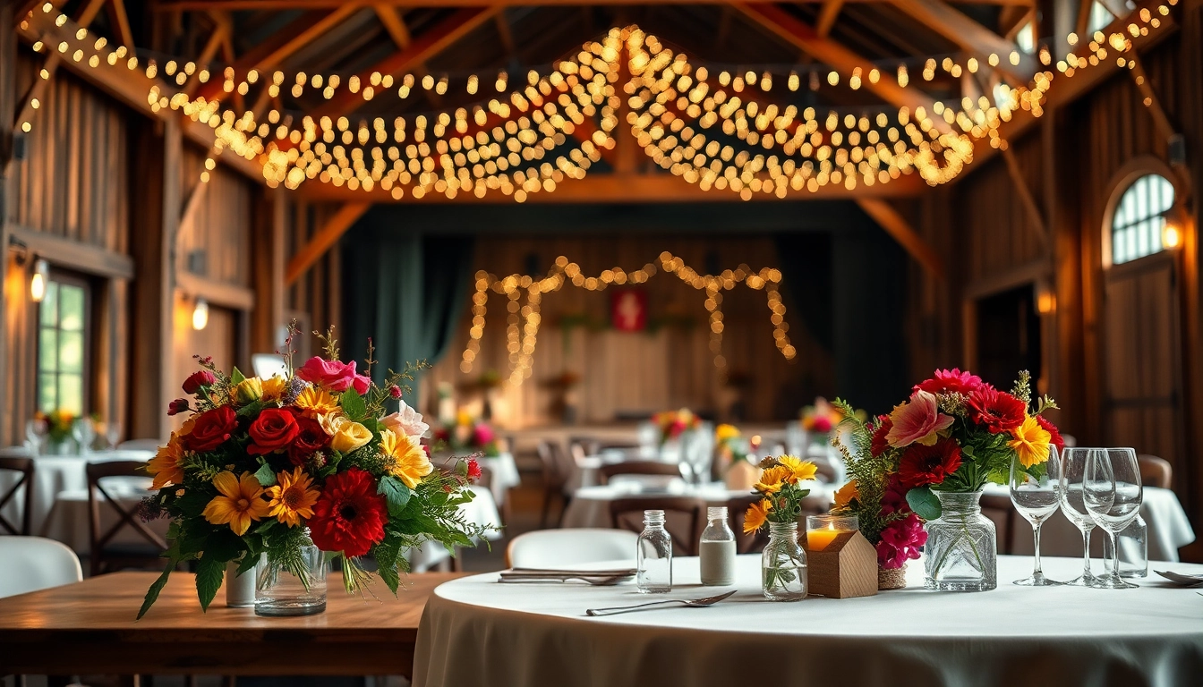 Guests enjoying an enchanting evening at a barn dinner theater with elegant decor.