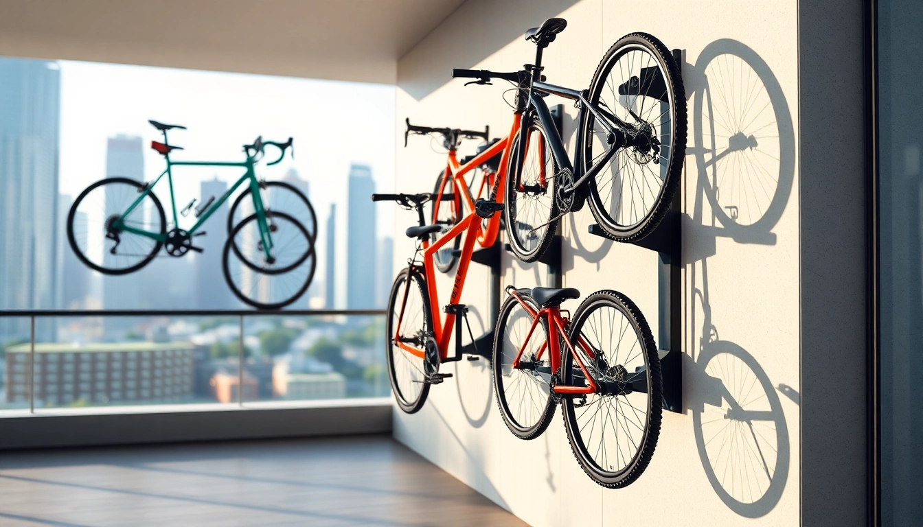 Organized urban bike storage with wall-mounted racks displaying colorful bicycles in a modern setting.