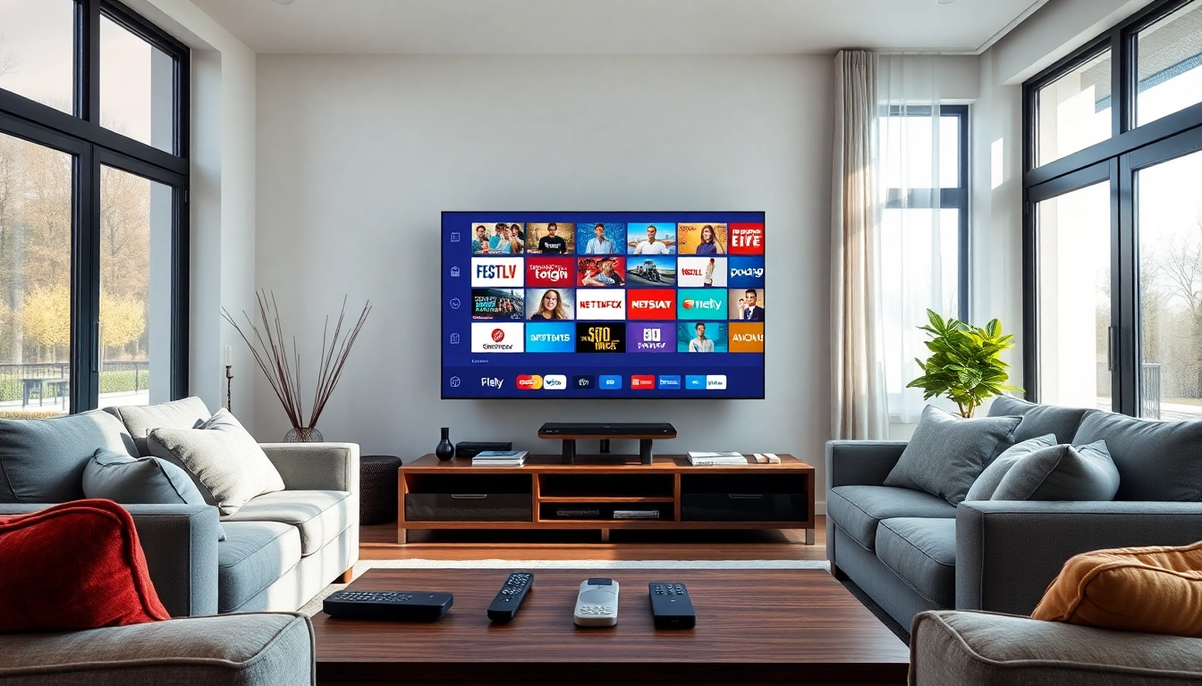 Comprar IPTV en un acogedor entorno familiar con un televisor inteligente y controles remotos.