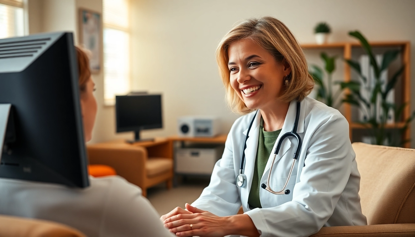 Engaging boutique doctor providing personalized care in a warm medical office.