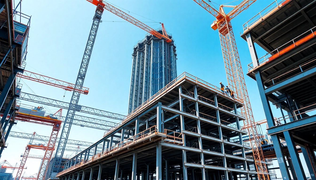 Workers engaging in structural steel construction at a bustling site, demonstrating assembly techniques and safety practices.