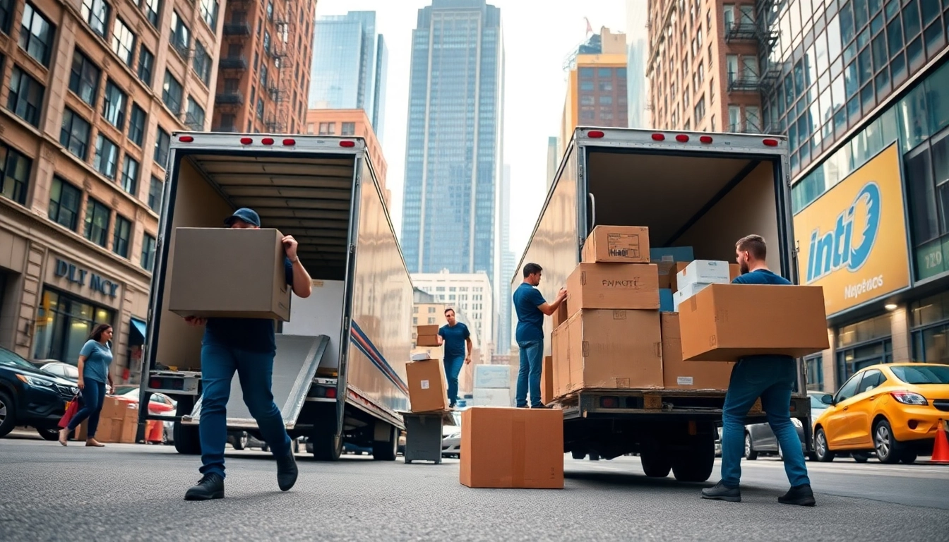 Movers from a moving company nyc loading furniture onto a truck in a vibrant NYC street.
