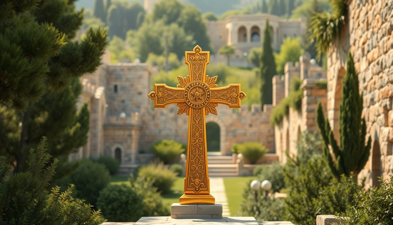 Admiring Jerusalem crosses with intricate designs set against historical architecture.