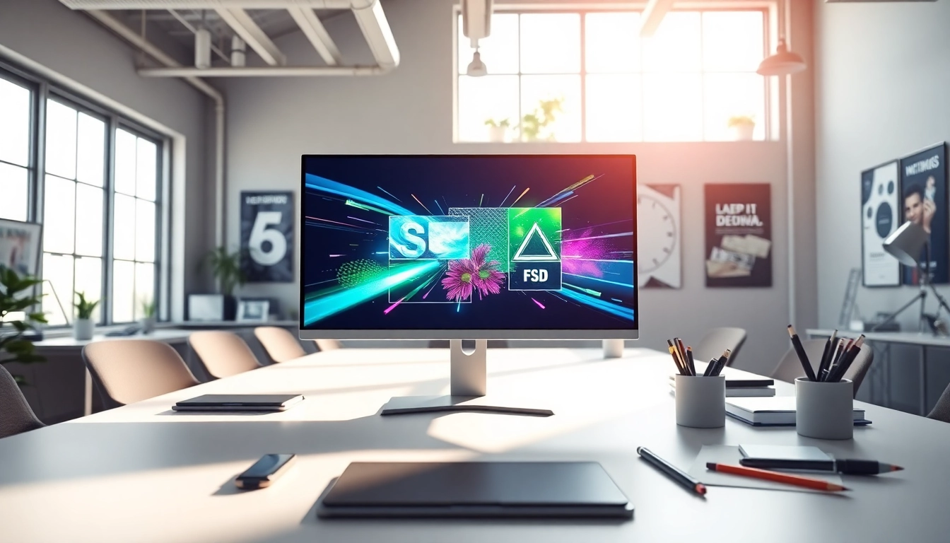 Engaging advertisement design artwork showcasing vibrant graphics in a modern office setting.