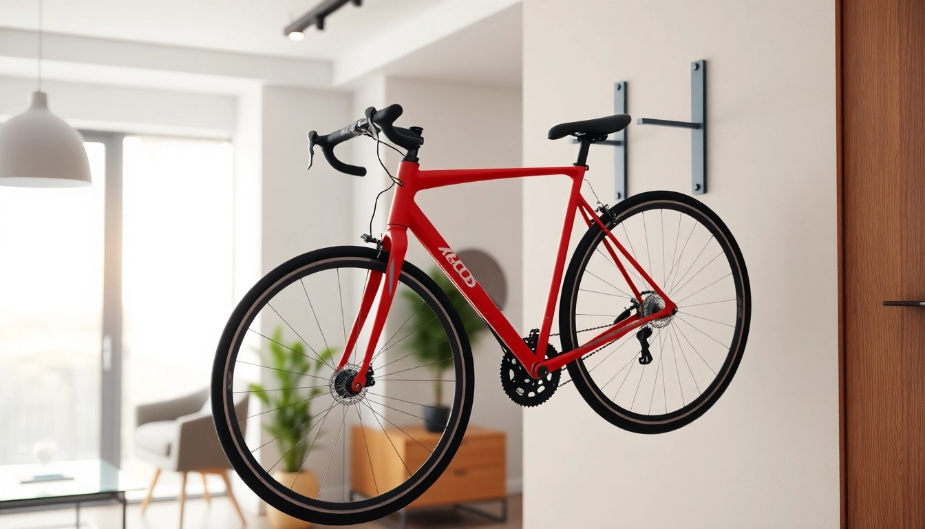Showcasing a bicycle wall hanger with a modern design holding a bike in a bright living space.
