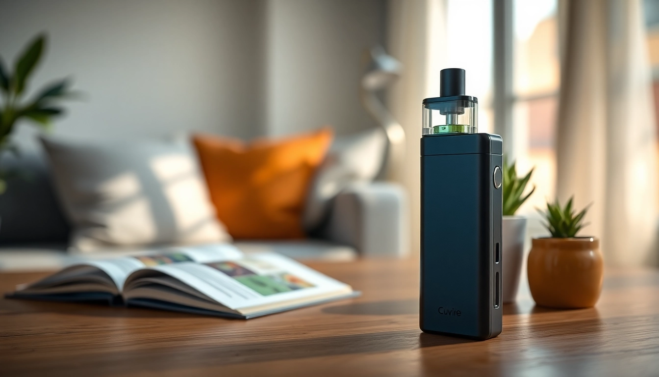 Showcasing HQD Cuvie disposable vape on a wooden table in a cozy setting.