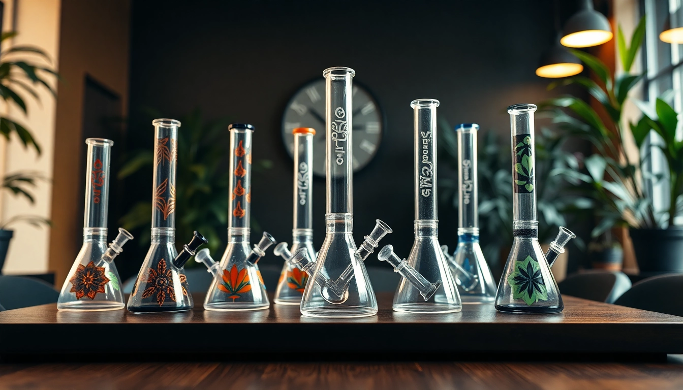 Bongs for sale arranged beautifully, showcasing unique designs and colors
