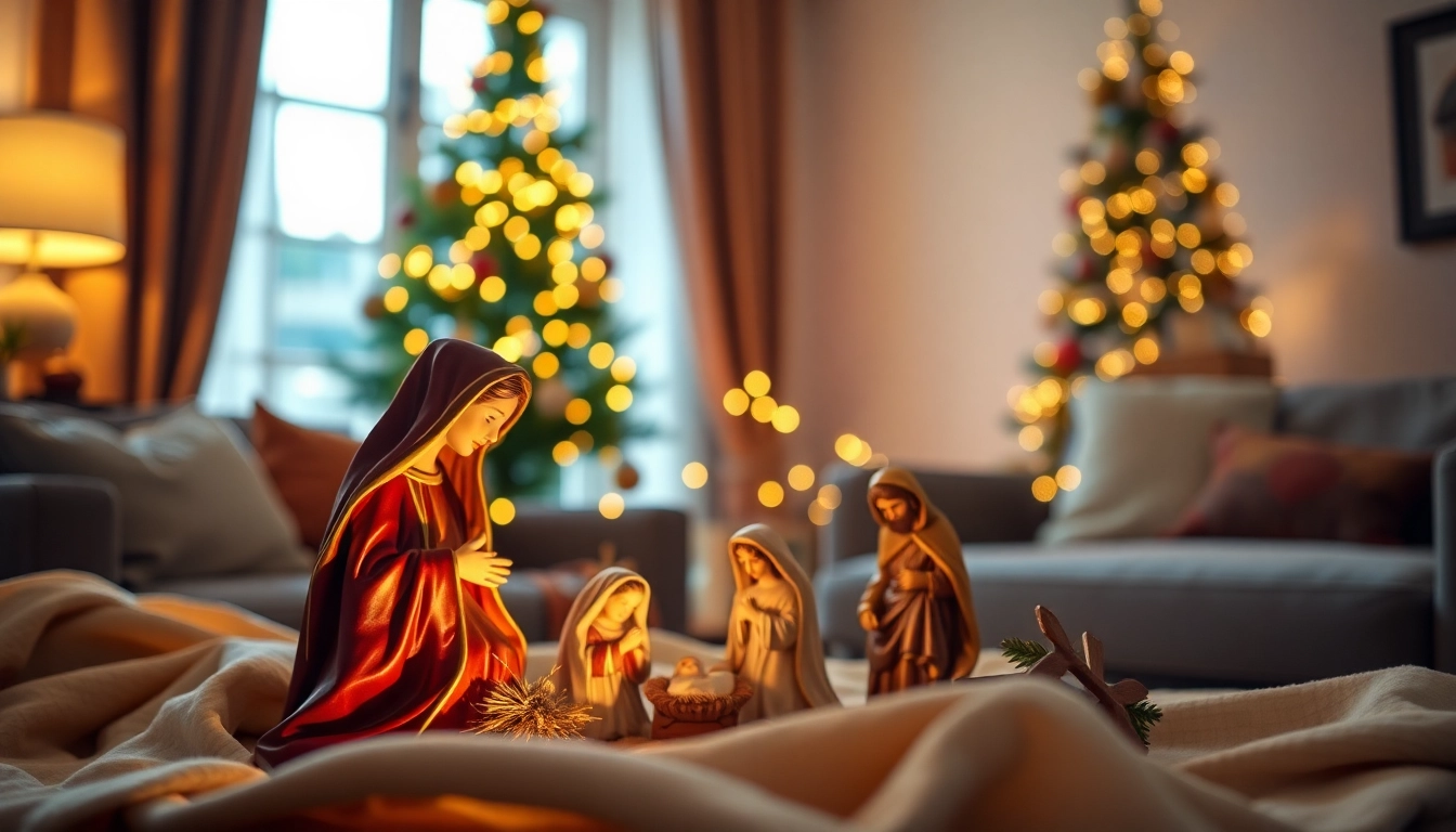 Admire the intricate nativity sets showcased in a festive living room ambiance.