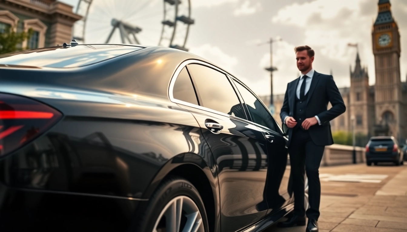 Experience luxury chauffeur service london with a professional chauffeur by an elegant black car.