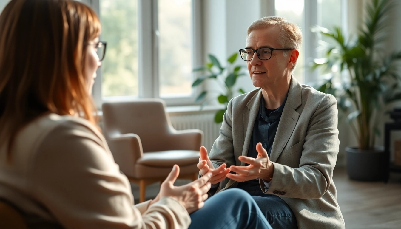 Therapist discussing depression with a client in a serene office setting.